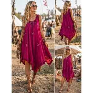 Greater Good Boho Embroidered Dragonfly Fairy Dress Free Size Magenta Festival